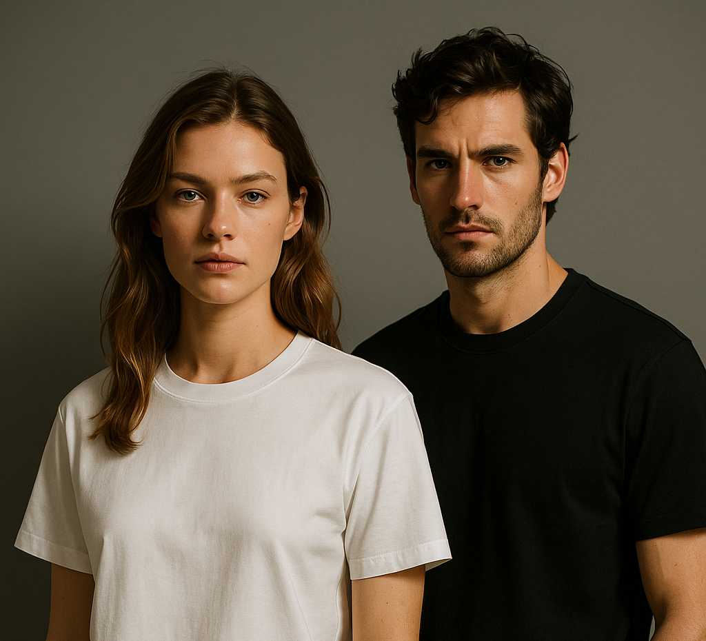 VeroPulsewear models wearing black and white tees